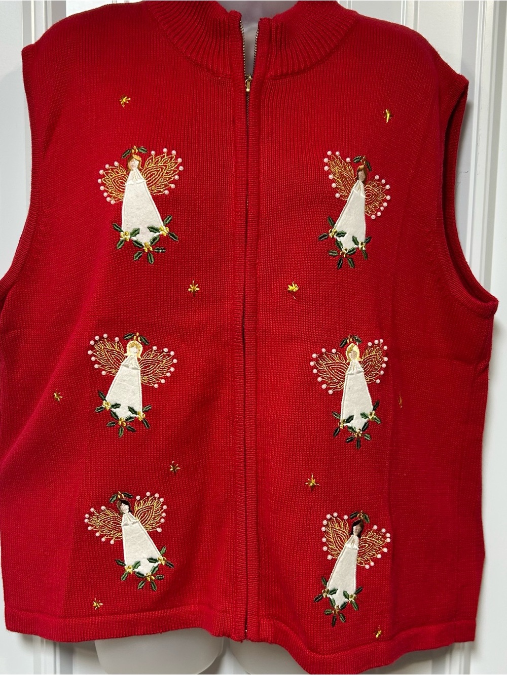 Red Embroidered Angel Zip-Front Kids Dress Vest